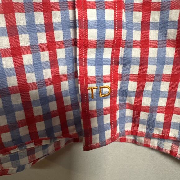 THOMAS DEAN Men's Red Blue Plaid Cotton Button Up Dress Shirt Size Medium - Picture 6 of 9